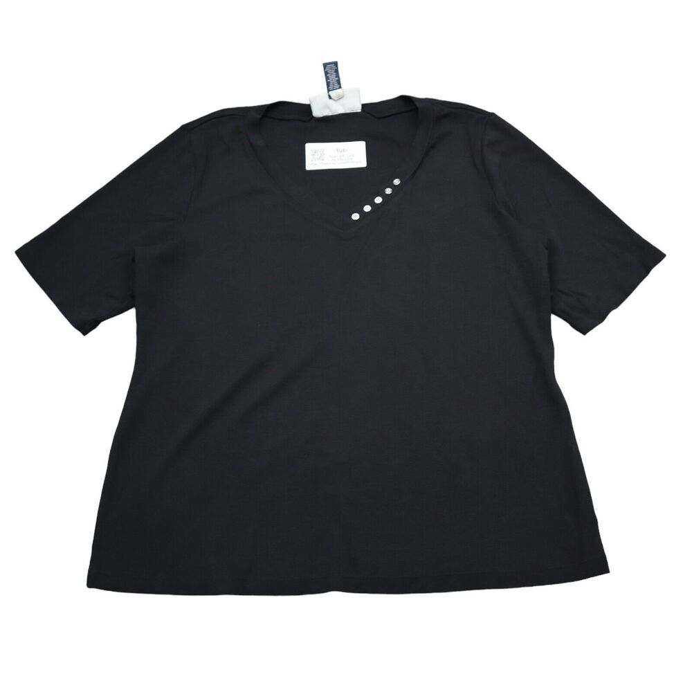 Karen Scott Shirt Womens L Black Short Sleeve Cotton VNeck Button Casual Tee
